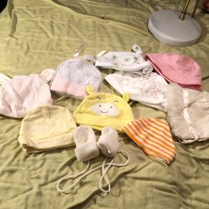 Various baby hats/lace/white ruffles bonnet/ white knit mittens pink, yellow hat